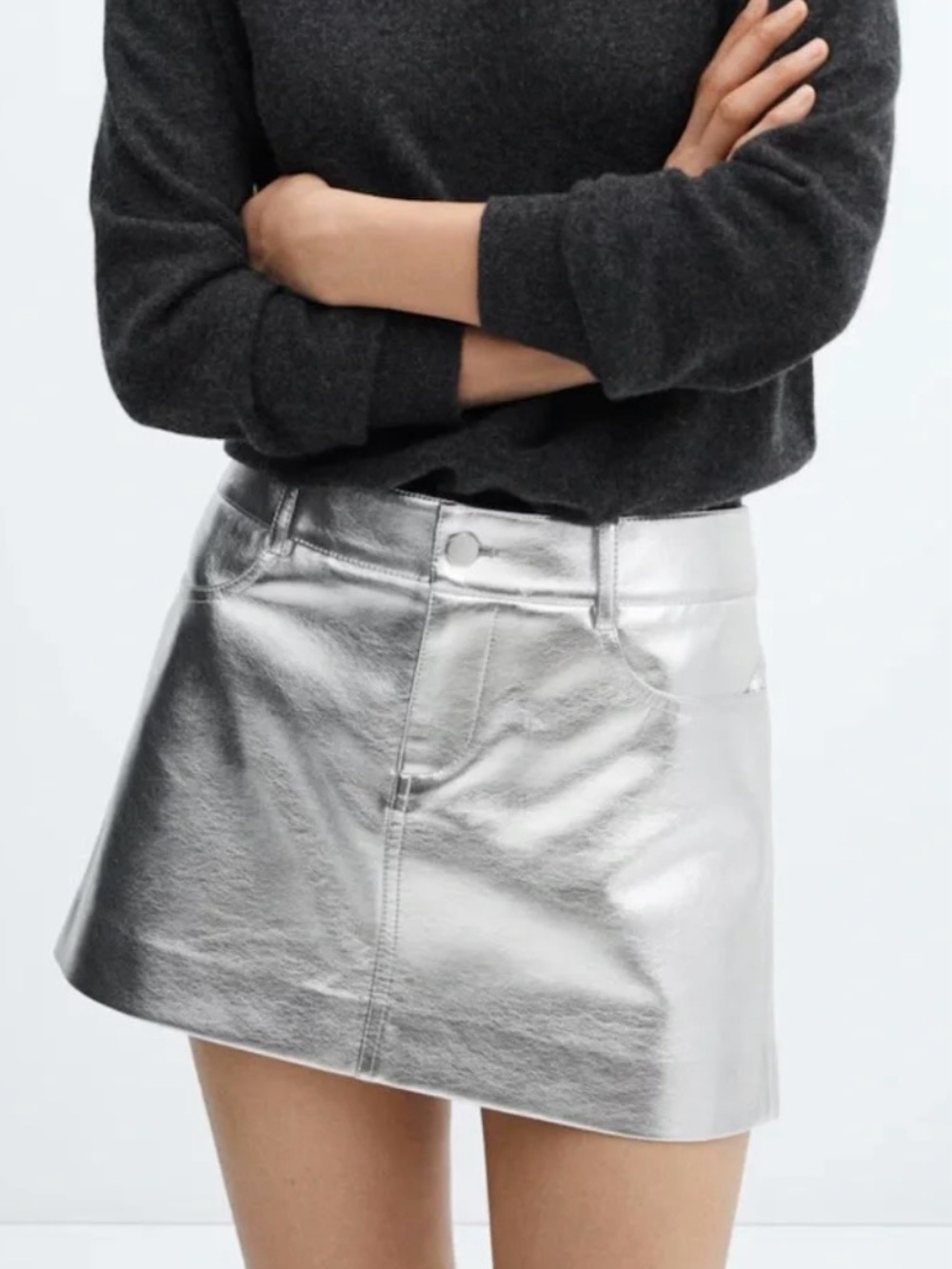 Mango Metallic Leather‑Effect Mini Skirt (XL) Silver 14.5” length 57086726